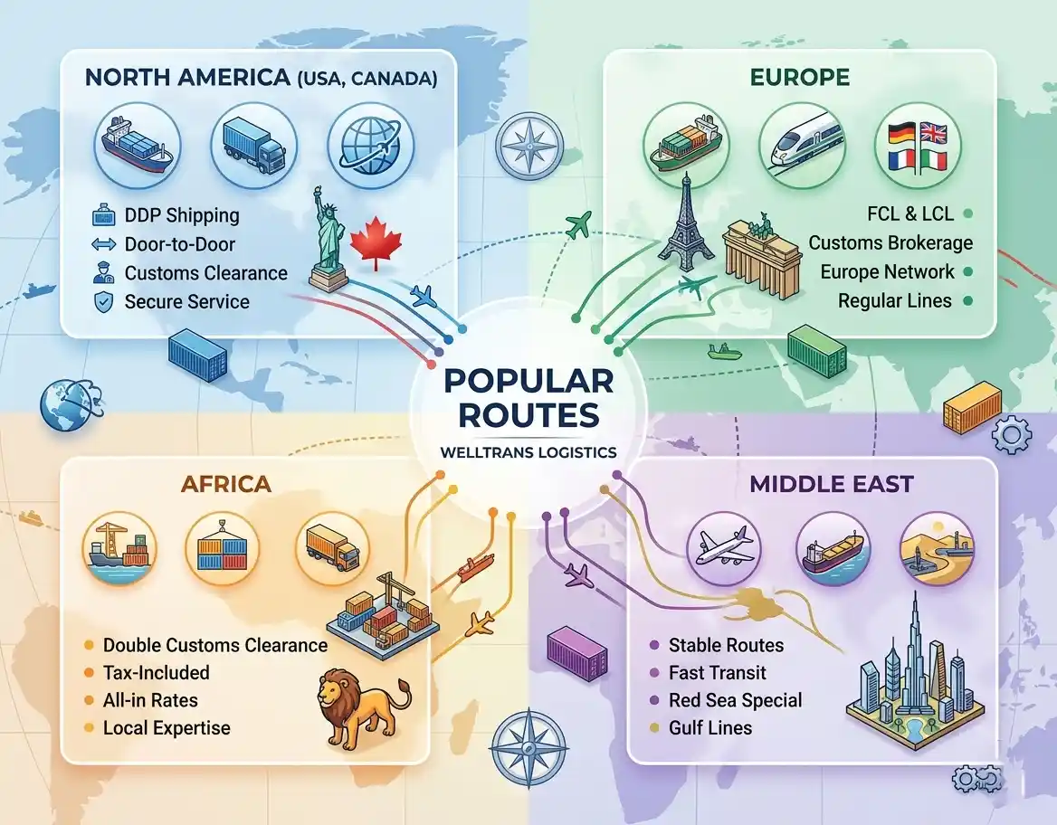 Welltrans Logistics Popular Shipping Routes from China to USA Europe Africa Middle East